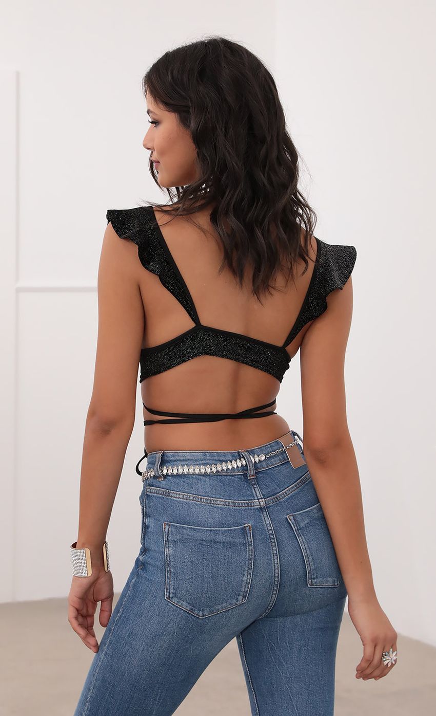 Picture Madison Ruffle Crop Top in Black Velvet. Source: https://media.lucyinthesky.com/data/Jul20_2/850xAUTO/781A7938.JPG