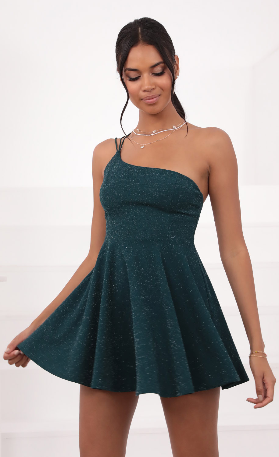 Aylah One Shoulder Dress in Turquoise Sparkle
