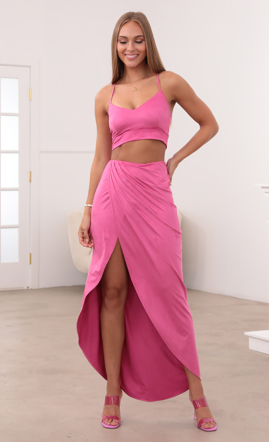 Sicily Maxi Set in Hot Pink Suede