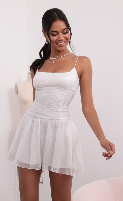 Picture Johanna Ruched Waist Chiffon Dress in White. Source: https://media.lucyinthesky.com/data/Jul21_1/500xAUTO/1V9A0803.JPG