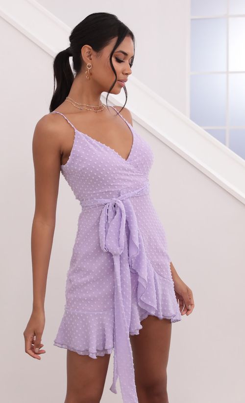 Picture Becca Wrap Dress in Lilac Dotted Chiffon. Source: https://media.lucyinthesky.com/data/Jul21_1/500xAUTO/1V9A1352.JPG