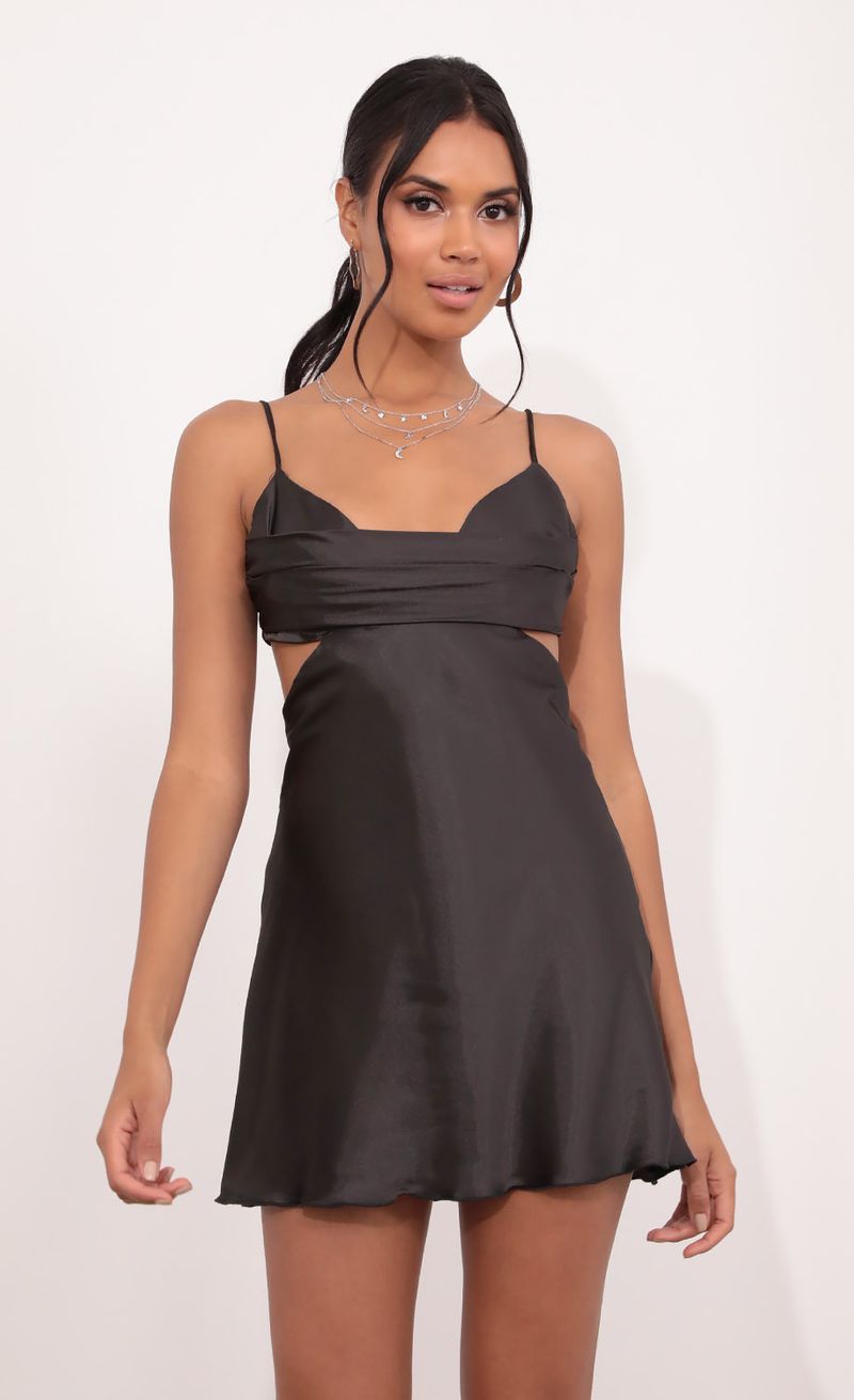 Picture Briana Draped Cowl Satin Dress in Black. Source: https://media.lucyinthesky.com/data/Jul21_1/800xAUTO/1V9A3817.JPG