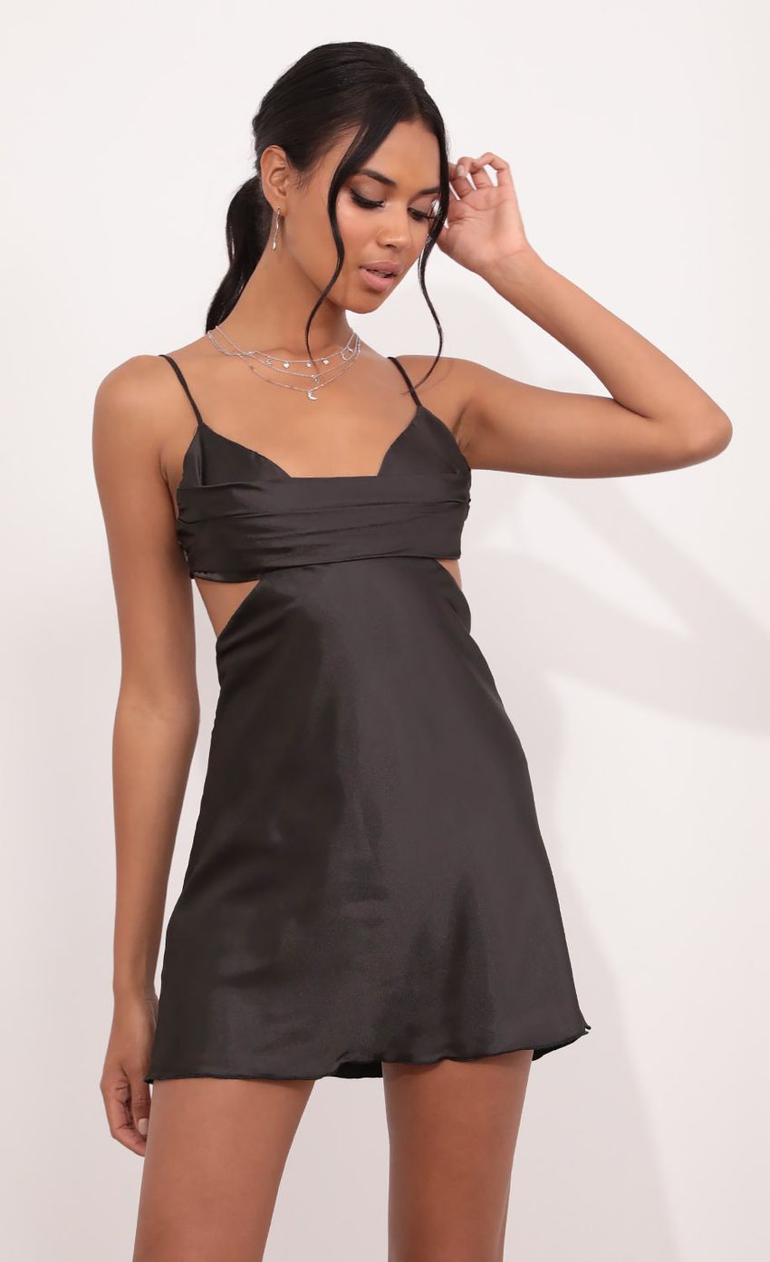 Picture Briana Draped Cowl Satin Dress in Black. Source: https://media.lucyinthesky.com/data/Jul21_1/850xAUTO/1V9A3898.JPG