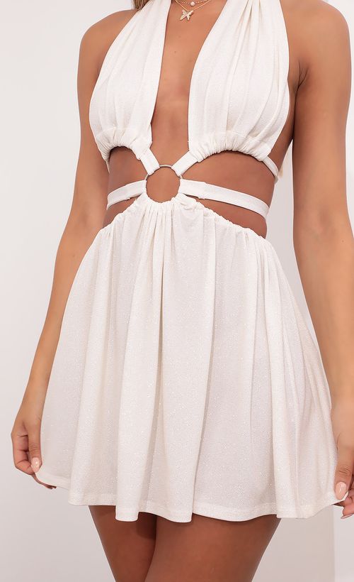 Picture Lucille Halter Cutout Chiffon Dress in White/Gold. Source: https://media.lucyinthesky.com/data/Jul21_2/500xAUTO/1V9A0369.JPG