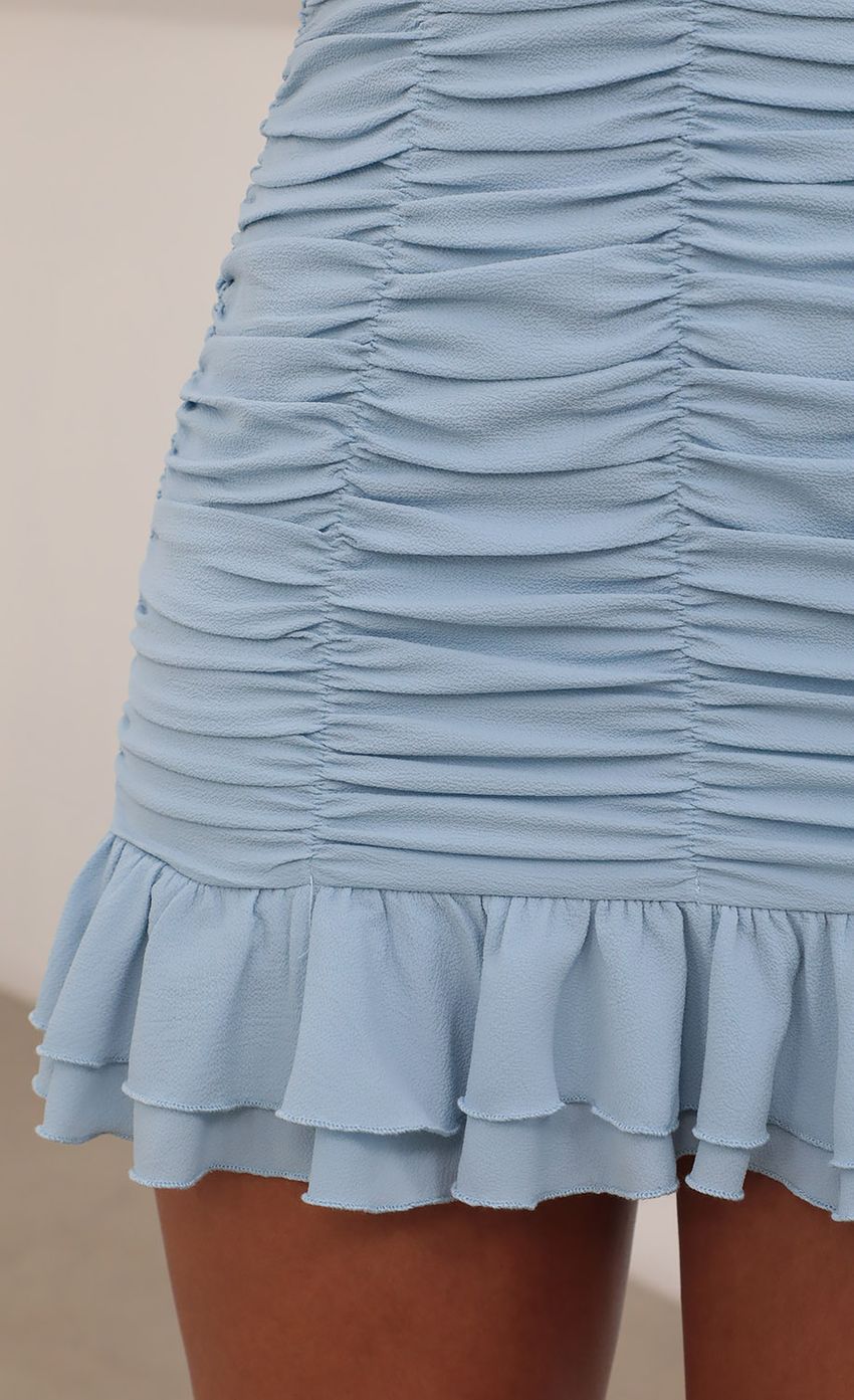 Picture Remi Ruched Bodycon Dress in Baby Blue. Source: https://media.lucyinthesky.com/data/Jul21_2/850xAUTO/AT2A4283.JPG