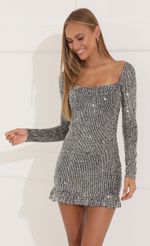 Picture Celia Sequin Square Neck Ruffle Dress in Silver. Source: https://media.lucyinthesky.com/data/Jul22/150xAUTO/34da9aaa-7b03-4c9a-ab9b-acdeb11be124.jpg