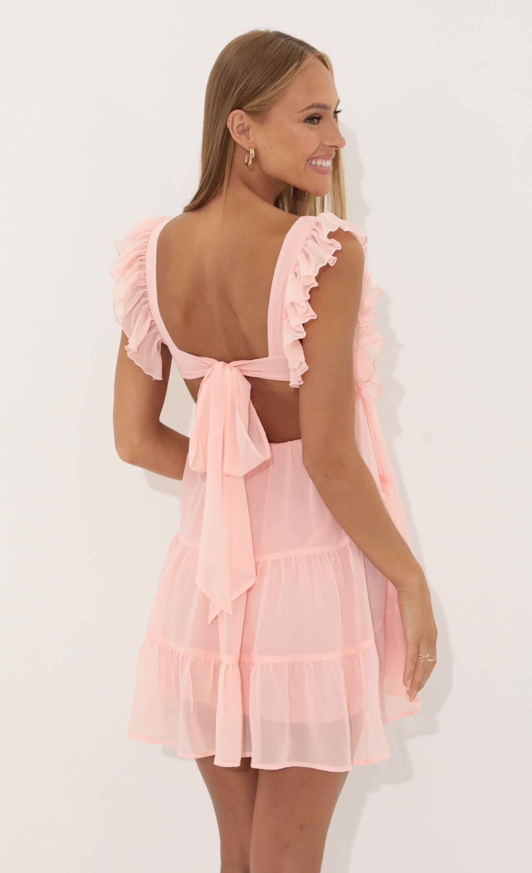 Gisela Chiffon Baby Doll Ruffle Dress in Pink