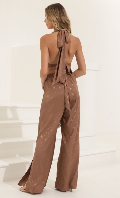 Picture Lesly Jacquard Satin Two Piece Pant Set in Brown. Source: https://media.lucyinthesky.com/data/Jul22/500xAUTO/2930b794-712c-4e2c-8f4a-2834994e35f6.jpg