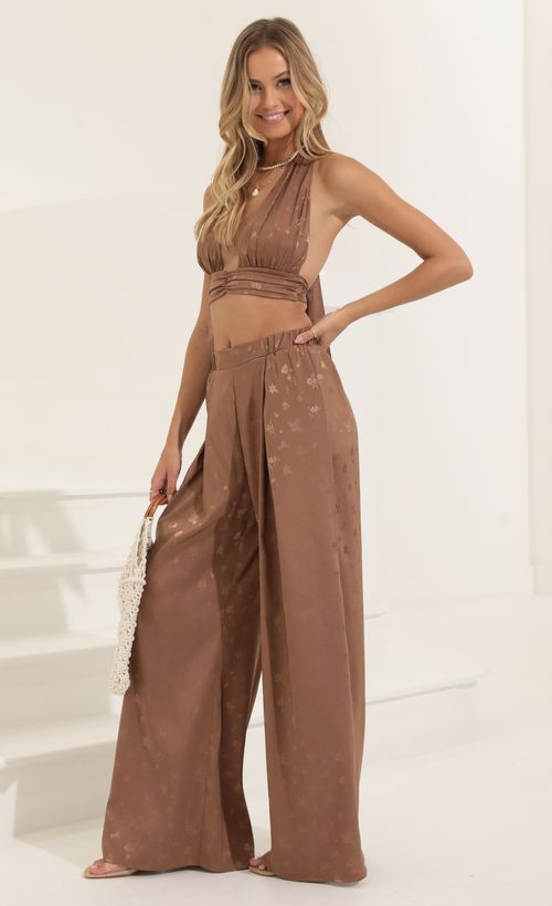 Picture Lesly Jacquard Satin Two Piece Pant Set in Brown. Source: https://media.lucyinthesky.com/data/Jul22/500xAUTO/63c89faf-581d-4c6a-b7ec-f4a1dcbc16f4.jpg