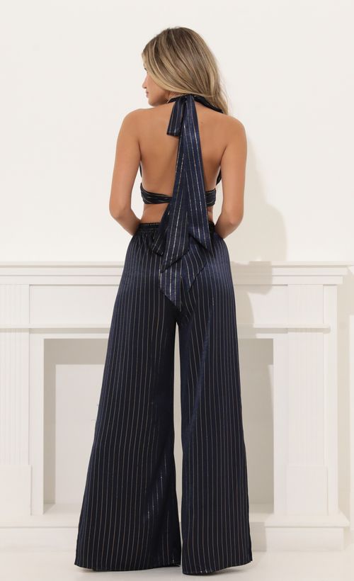 Picture Lesly Gold Stripped Satin Two Piece Pant Set in Navy  . Source: https://media.lucyinthesky.com/data/Jul22/500xAUTO/ec1656fb-6554-4170-84aa-dcd7617e1d7c.jpg