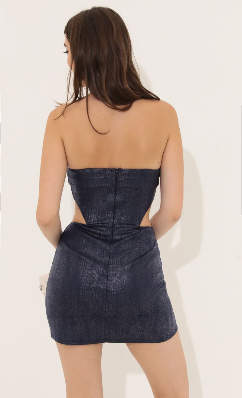 Picture Kammie Snake Print Corset Cutout Dress in Navy. Source: https://media.lucyinthesky.com/data/Jul22/800xAUTO/1a1db280-0e46-4f66-9fed-d5aa727ebef1.jpg