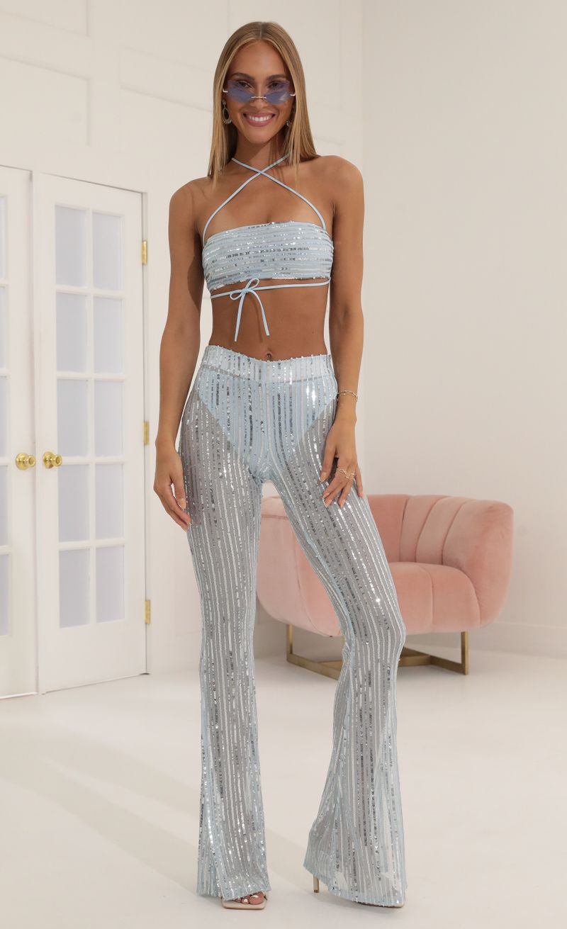 Picture Peony Sequin Striped Two Piece Set in Blue. Source: https://media.lucyinthesky.com/data/Jul22/800xAUTO/21057dbf-d43a-40f5-b239-48fd559f835a.jpg