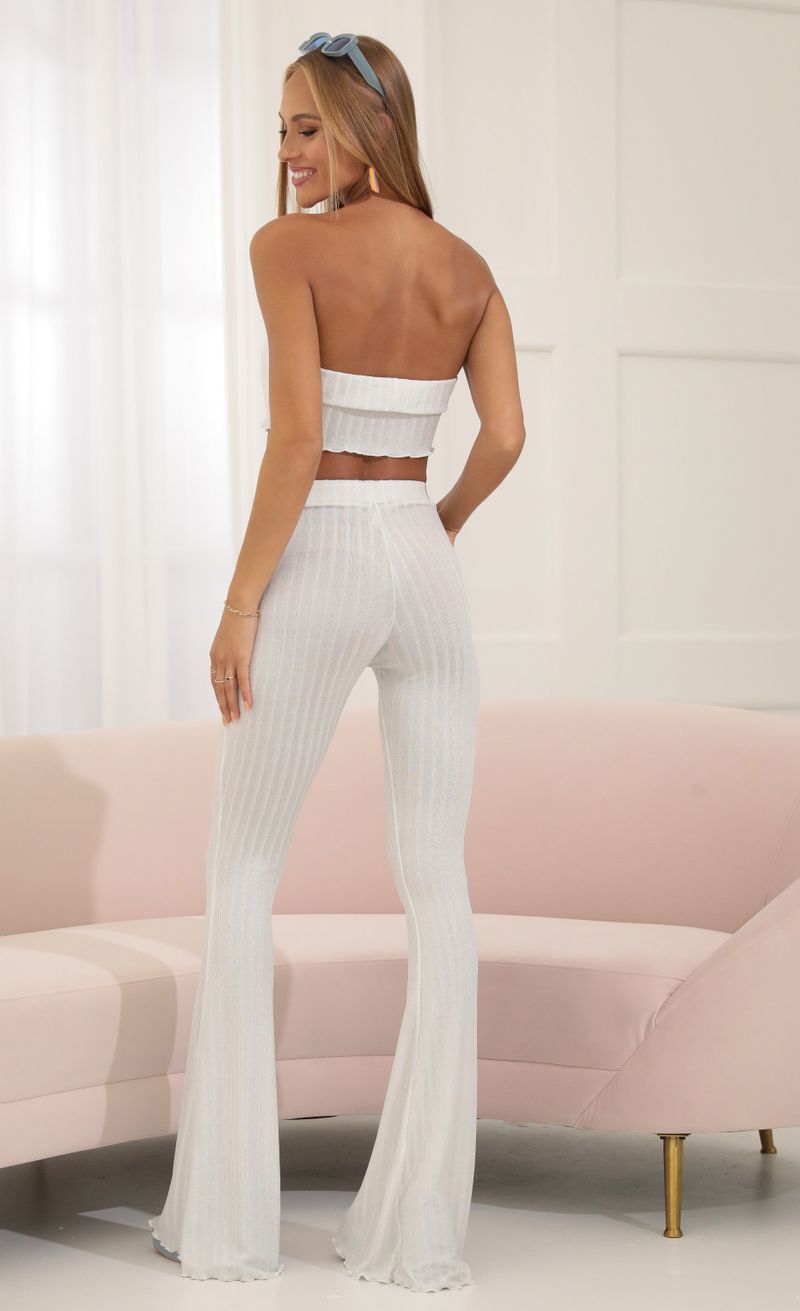 Picture Kimmy Two Piece Shimmer Pant Set in White. Source: https://media.lucyinthesky.com/data/Jul22/800xAUTO/53e3a3bf-4583-491c-8c96-c415f1bd8605.jpg