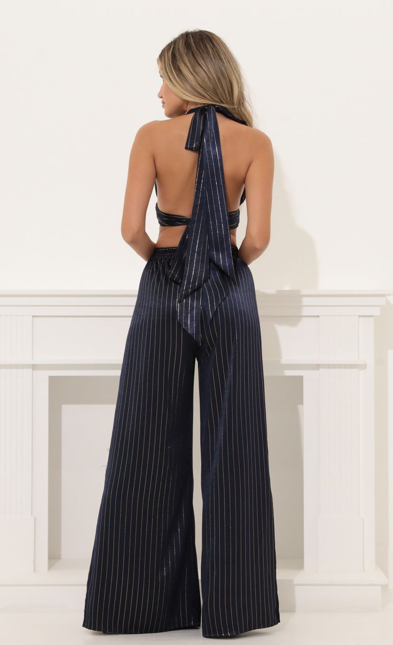 Picture Lesly Gold Stripped Satin Two Piece Pant Set in Navy  . Source: https://media.lucyinthesky.com/data/Jul22/800xAUTO/ec1656fb-6554-4170-84aa-dcd7617e1d7c.jpg
