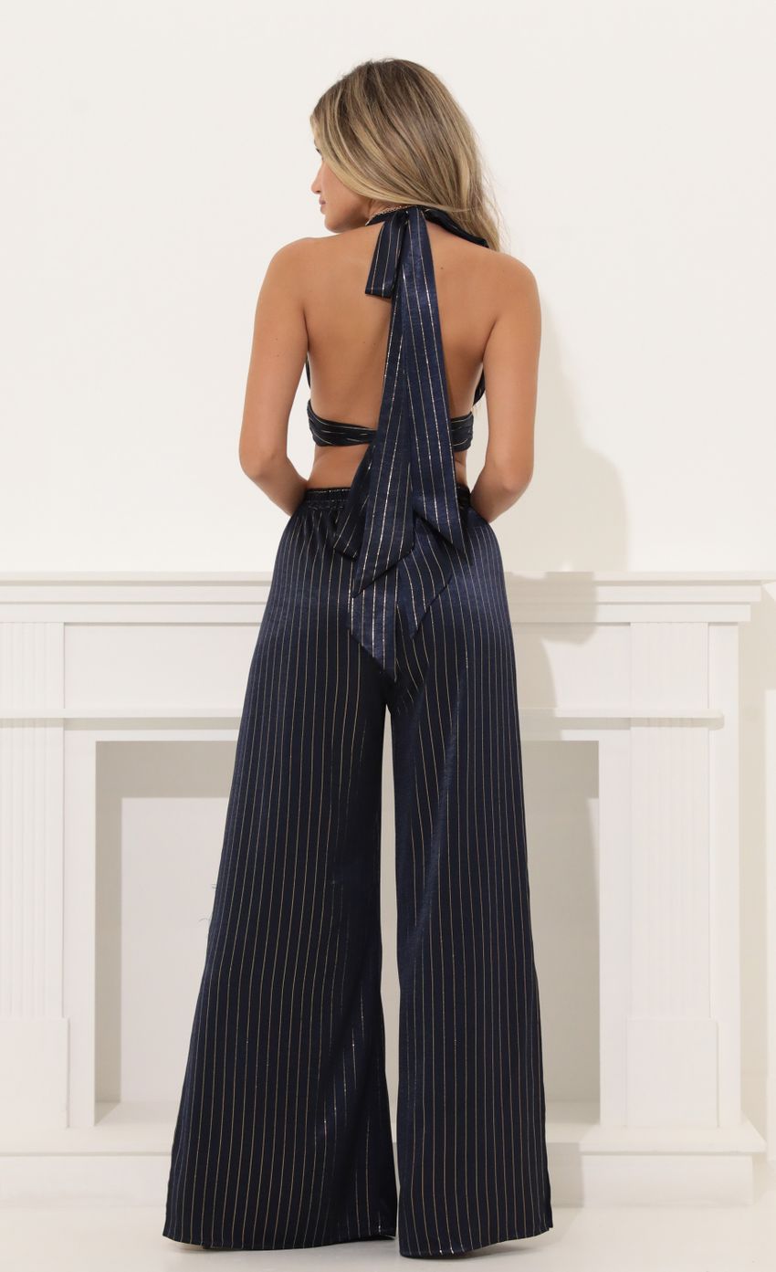 Picture Lesly Gold Stripped Satin Two Piece Pant Set in Navy. Source: https://media.lucyinthesky.com/data/Jul22/850xAUTO/ec1656fb-6554-4170-84aa-dcd7617e1d7c.jpg