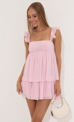 Picture Maizey Dotted Chiffon Ruffle Dress in Pink. Source: https://media.lucyinthesky.com/data/Jul22_1/150xAUTO/1V9A7636.JPG
