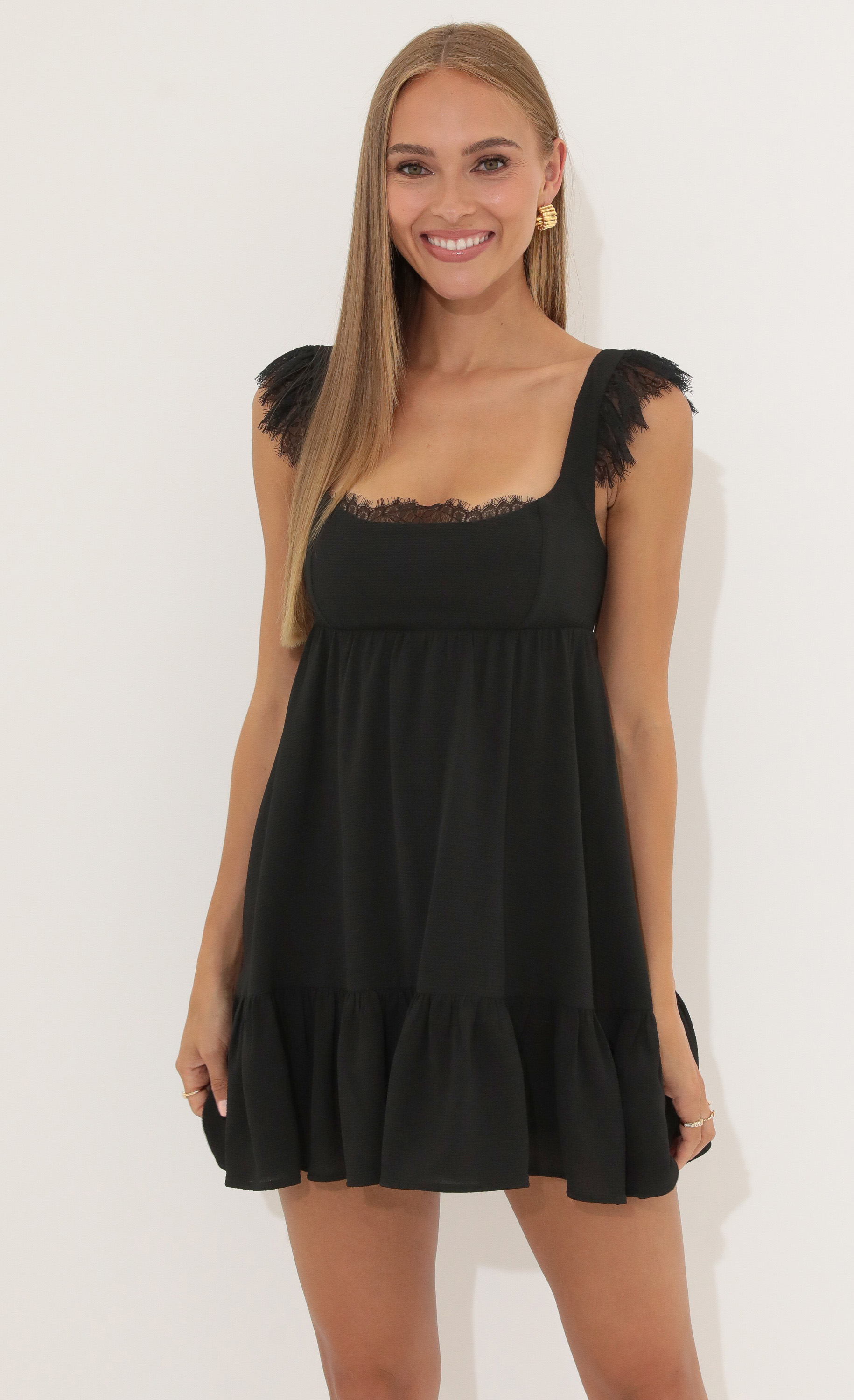 Michele Crepe Ruffle Baby Doll Dress in Black