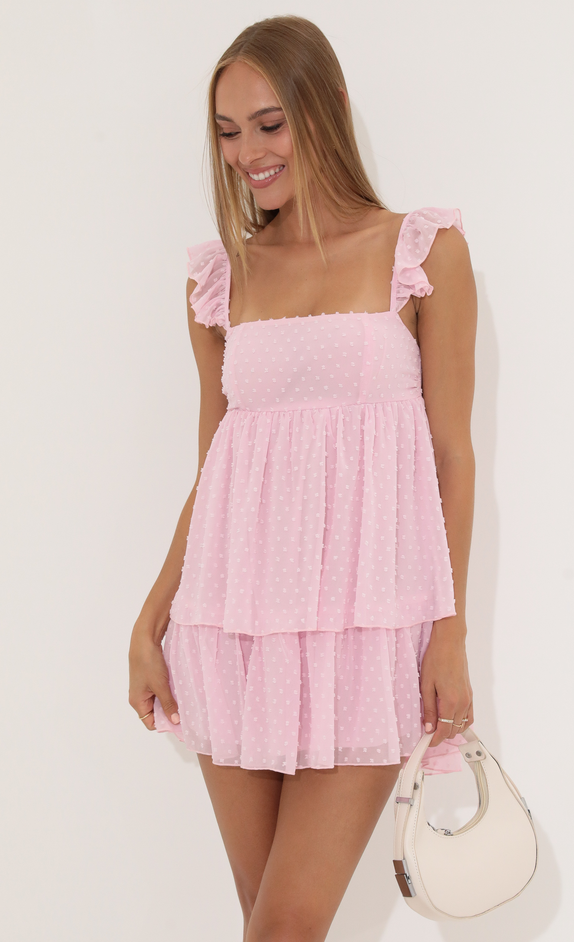 Maizey Dotted Chiffon Ruffle Dress in Pink