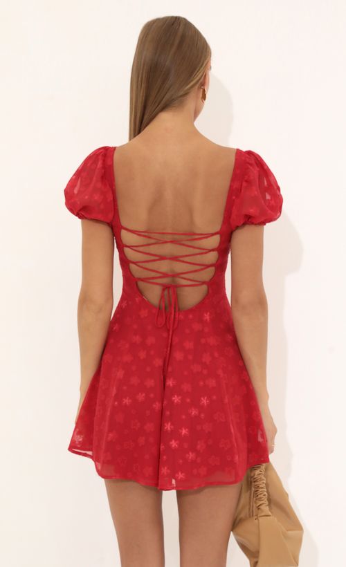 Picture Wannda Floral Chiffon Puff Sleeve Dress in Red. Source: https://media.lucyinthesky.com/data/Jul22_1/500xAUTO/1V9A2439.JPG