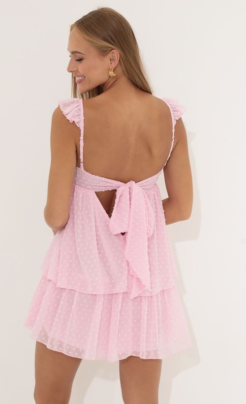 Picture Maizey Dotted Chiffon Ruffle Dress in Pink. Source: https://media.lucyinthesky.com/data/Jul22_1/500xAUTO/1V9A7748.JPG