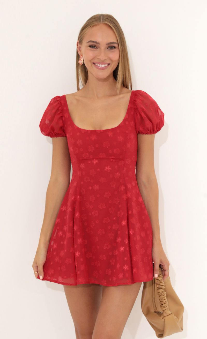 Picture Wannda Floral Chiffon Puff Sleeve Dress in Red. Source: https://media.lucyinthesky.com/data/Jul22_1/800xAUTO/1V9A2291.JPG