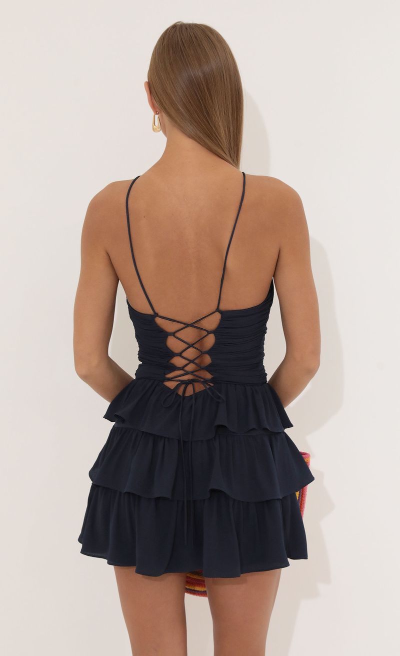 Picture Scout Bubble Crepe Ruffle Dress in Navy. Source: https://media.lucyinthesky.com/data/Jul22_1/800xAUTO/1V9A4147.JPG
