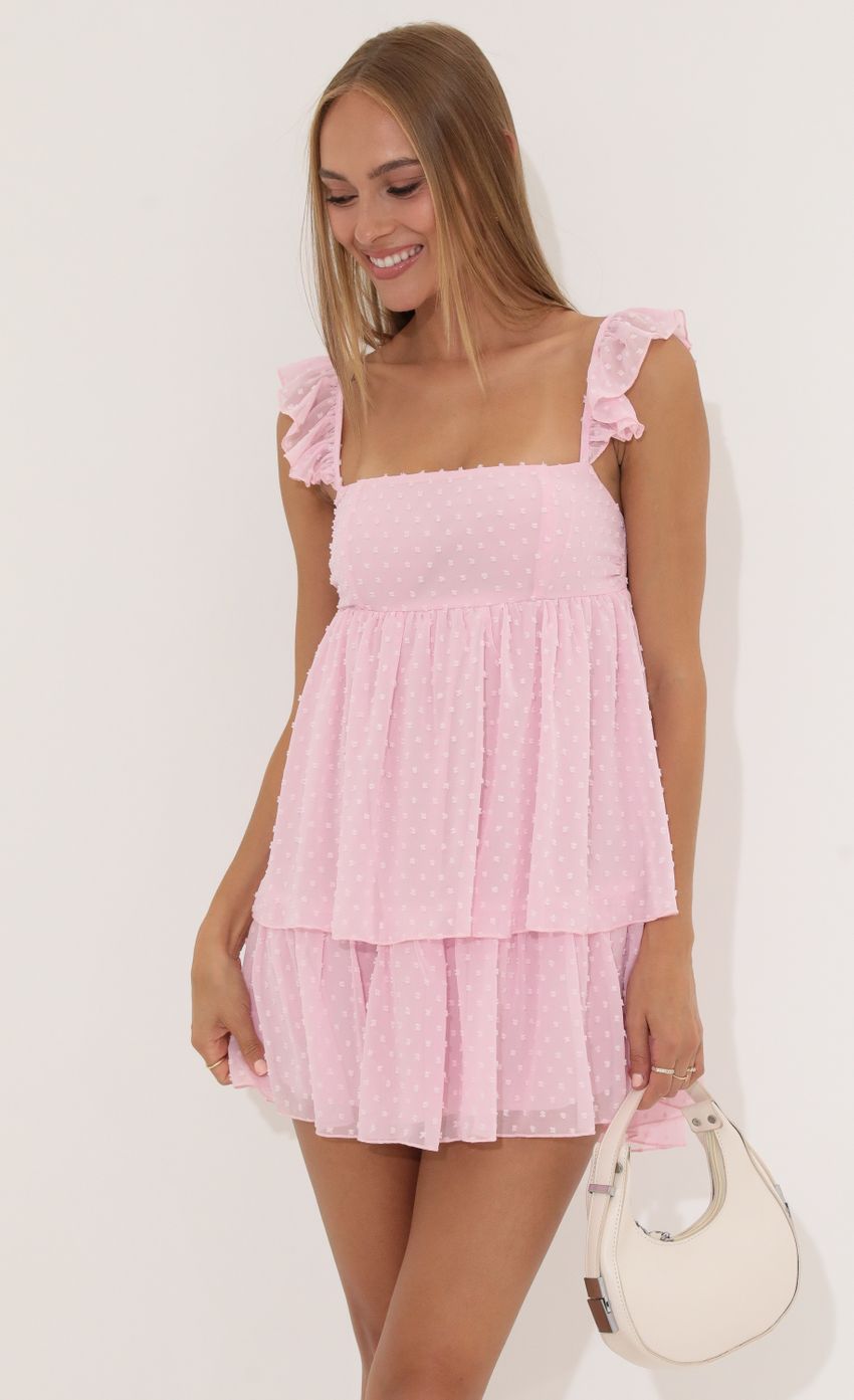 Picture Maizey Dotted Chiffon Ruffle Dress in Pink. Source: https://media.lucyinthesky.com/data/Jul22_1/850xAUTO/1V9A7636.JPG