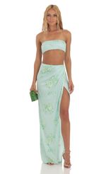Picture Lizzo Foiled Floral Two Piece Skirt Set in Turqouise. Source: https://media.lucyinthesky.com/data/Jul23/150xAUTO/0be2ba5c-2300-4c97-950a-db8522f80ea0.jpg