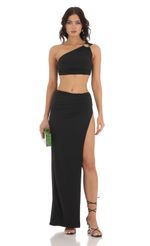 Picture Chana One Shoulder Two Piece Set in Black. Source: https://media.lucyinthesky.com/data/Jul23/150xAUTO/61bea38d-3ca4-4cda-97a1-5ca9d7851058.jpg