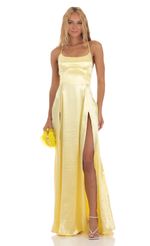 Picture Caitlin Satin Slit Maxi Dress in Yellow. Source: https://media.lucyinthesky.com/data/Jul23/150xAUTO/78cf42ad-4701-451e-b93c-d940fdf38909.jpg