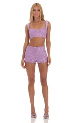 Picture Karys Sequin Two Piece Set in Purple. Source: https://media.lucyinthesky.com/data/Jul23/150xAUTO/bc5bcef3-4863-439a-bd4d-90b1f91a6e53.jpg
