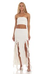 Picture Zola Ruffle Slit Two Piece Set in White. Source: https://media.lucyinthesky.com/data/Jul23/150xAUTO/fe8958eb-ff4a-4605-955a-341c6cd6d694.jpg