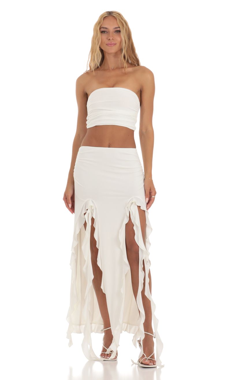 Zola Ruffle Slit Two Piece Set in White | LUCY IN THE SKY