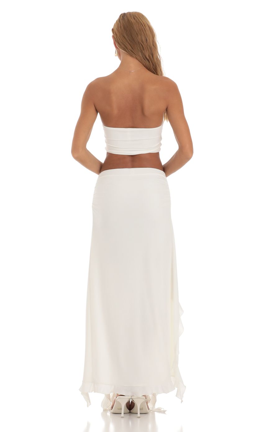 Picture Zola Ruffle Slit Two Piece Set in White. Source: https://media.lucyinthesky.com/data/Jul23/850xAUTO/0054193c-675c-46d9-bfdd-57c081d09c45.jpg