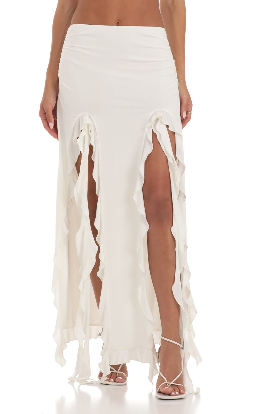 Picture Zola Ruffle Slit Two Piece Set in White. Source: https://media.lucyinthesky.com/data/Jul23/850xAUTO/3001a35e-2b6f-4a1c-9c6d-3044f602ab68.jpg