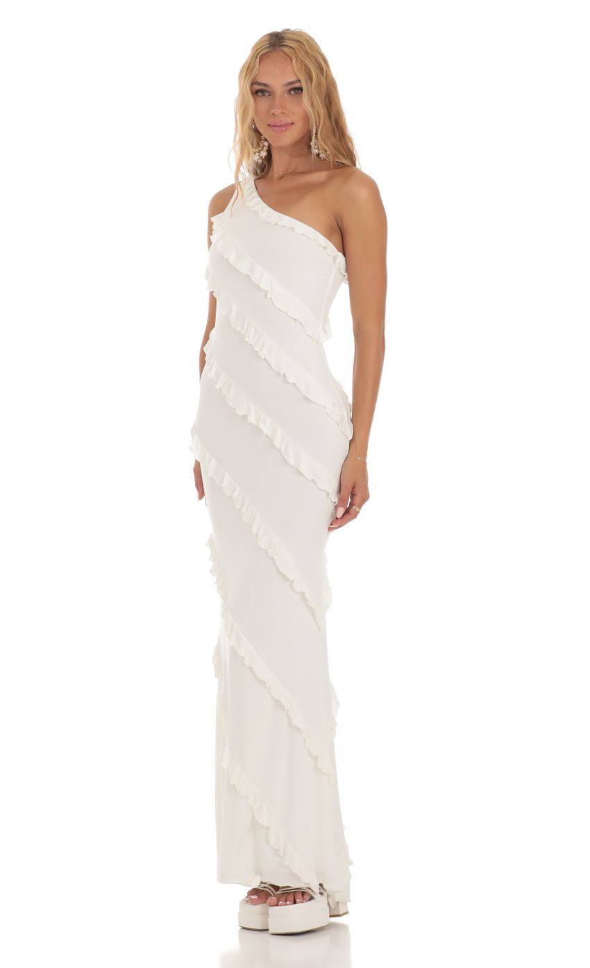 Picture Jaslynn One Shoulder Ruffle Dress in White. Source: https://media.lucyinthesky.com/data/Jul23/850xAUTO/37543873-12d8-41e1-bc7d-2d9e3fe1997a.jpg