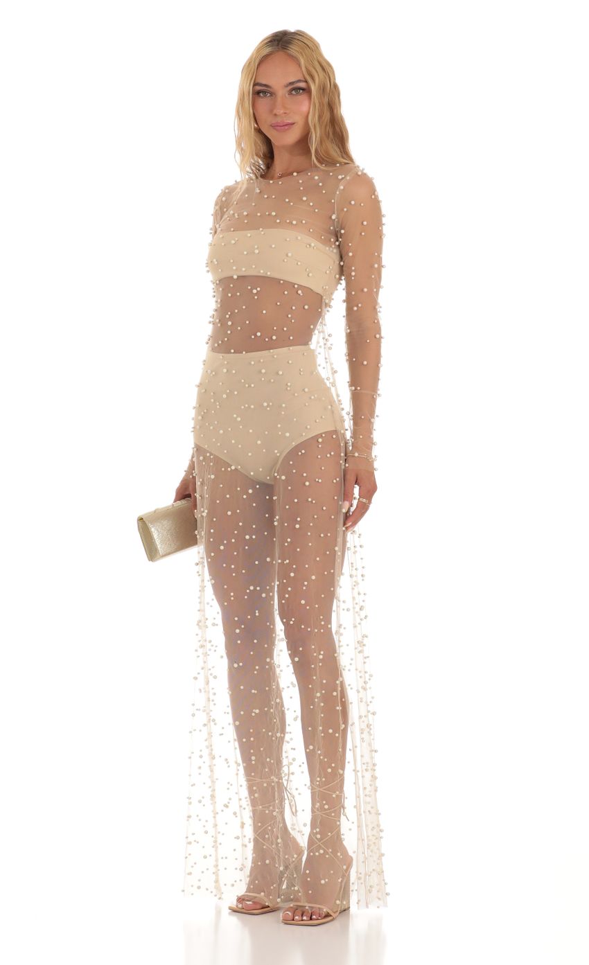 Picture Tova Pearl Mesh Dress in Beige. Source: https://media.lucyinthesky.com/data/Jul23/850xAUTO/642405d8-d21f-41ab-9850-ba525881b45b.jpg