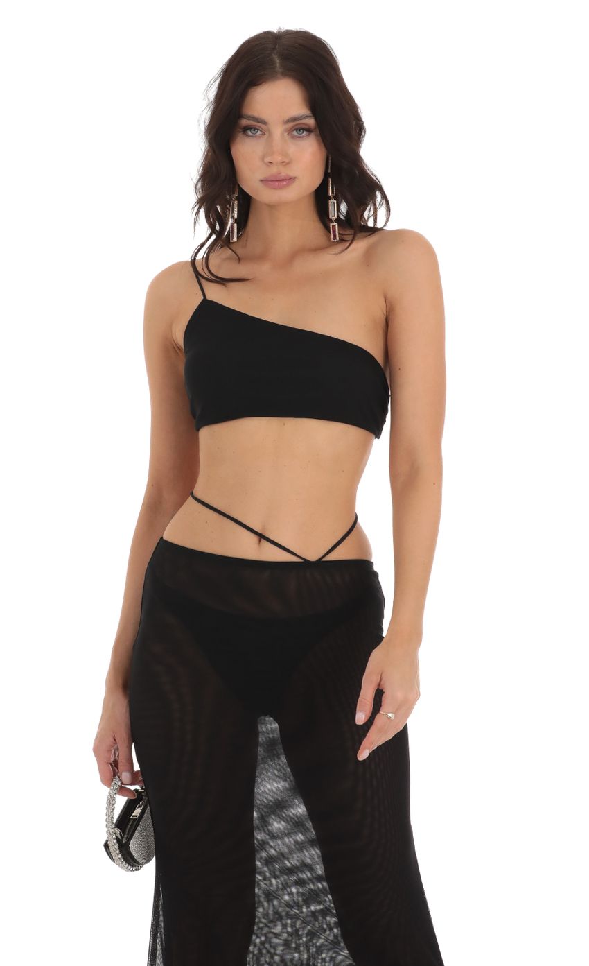 Picture Shyla Mesh One Shoulder Two Piece Set in Black. Source: https://media.lucyinthesky.com/data/Jul23/850xAUTO/c679fc50-3967-4fbb-a3a6-bb5cd5846f4b.jpg