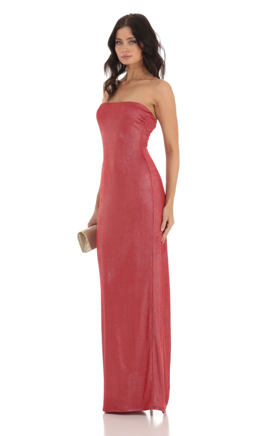Picture Domini Metallic Strapless Maxi Dress in Red. Source: https://media.lucyinthesky.com/data/Jul23/850xAUTO/c7a1f29a-5881-42ba-a2ff-be659c0b59f4.jpg