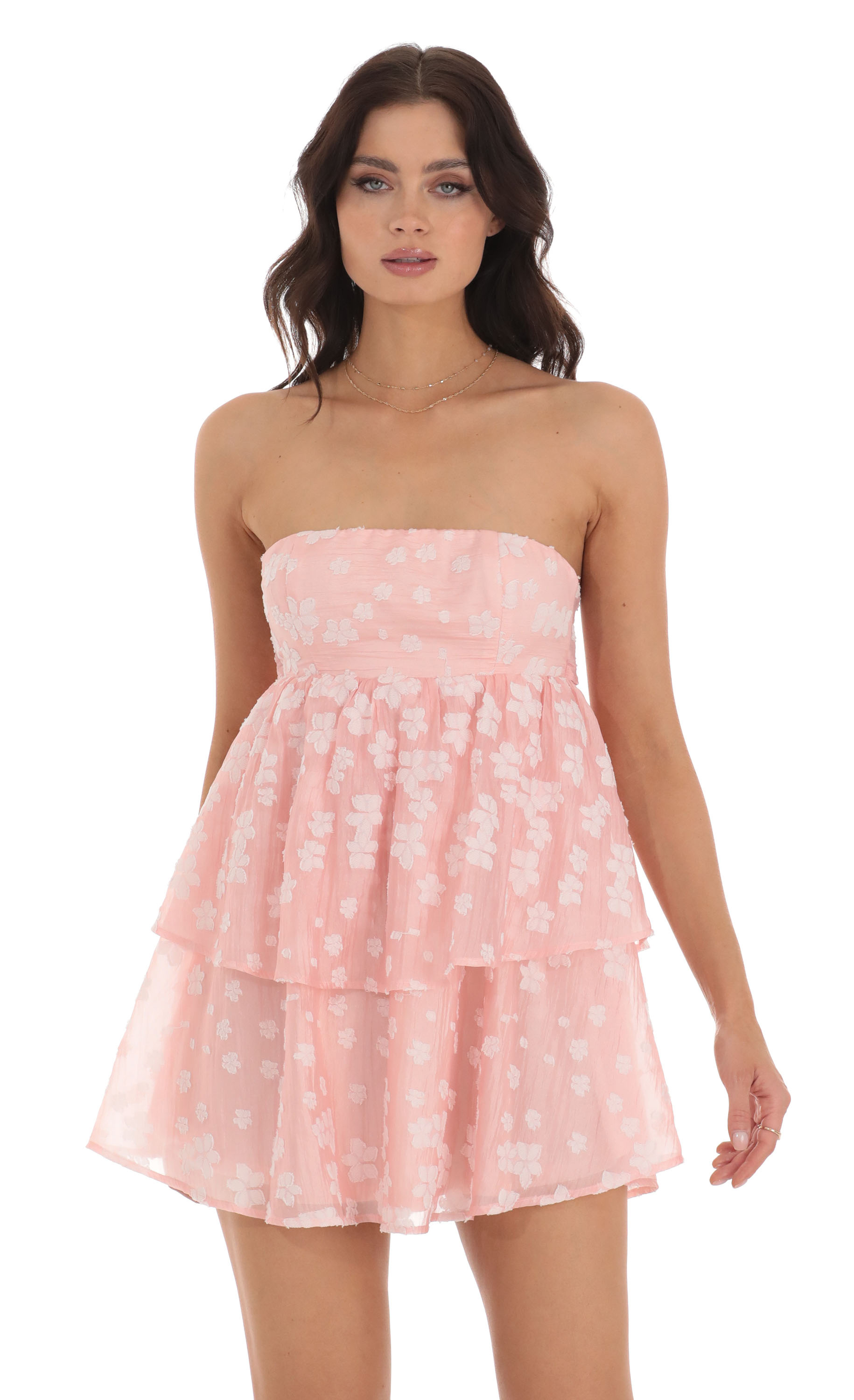 Daniela Floral Lace Plunge Baby Doll Dress in Pink