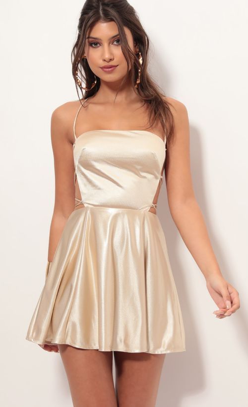 Picture Nina Cutout A-line Dress in Champagne. Source: https://media.lucyinthesky.com/data/Jun19_1/500xAUTO/781A2261.JPG