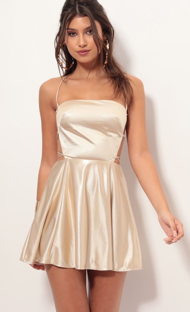 Picture Nina Cutout A-line Dress in Champagne. Source: https://media.lucyinthesky.com/data/Jun19_1/800xAUTO/781A2261.JPG