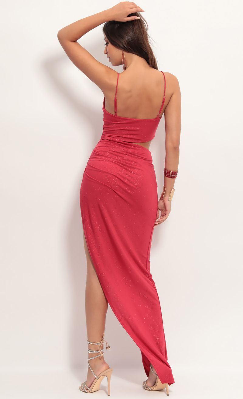 Picture Ella Cutout Maxi Dress in Sparkling Red. Source: https://media.lucyinthesky.com/data/Jun19_1/800xAUTO/781A4177.JPG