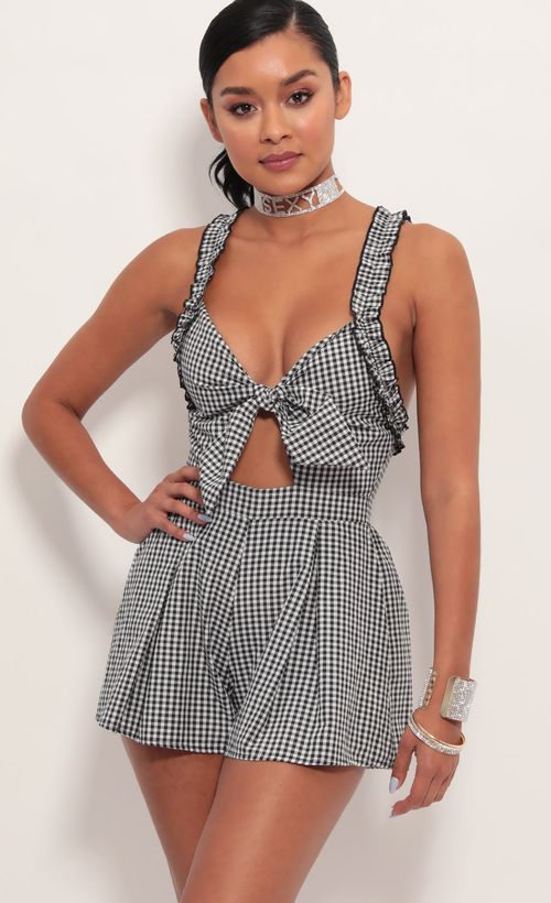 Picture Blair Front Tie Romper in Gingham. Source: https://media.lucyinthesky.com/data/Jun19_2/500xAUTO/781A7142.JPG