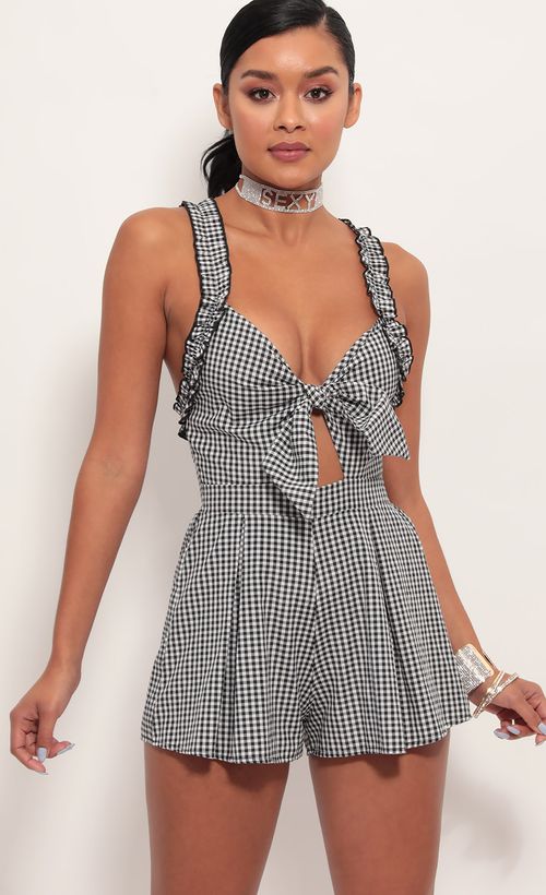 Picture Blair Front Tie Romper in Gingham. Source: https://media.lucyinthesky.com/data/Jun19_2/500xAUTO/781A7150.JPG