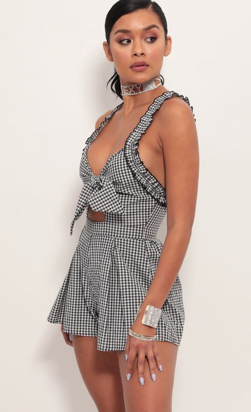 Picture Blair Front Tie Romper in Gingham. Source: https://media.lucyinthesky.com/data/Jun19_2/500xAUTO/781A7157.JPG