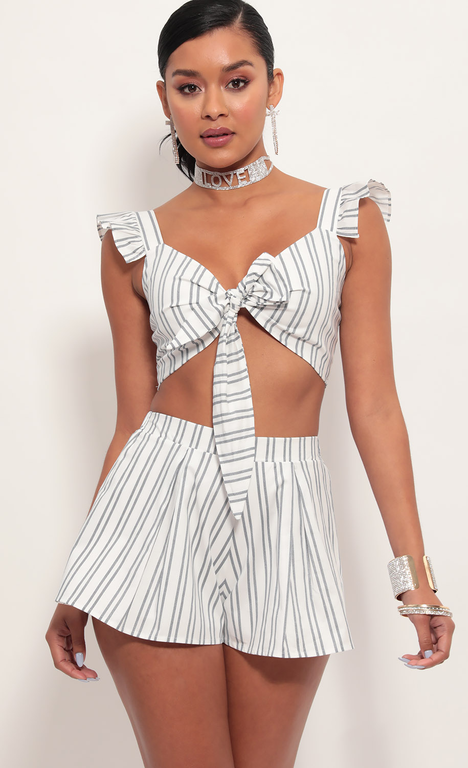 Carolina Ruffle Tie Set in White Stripes – Top