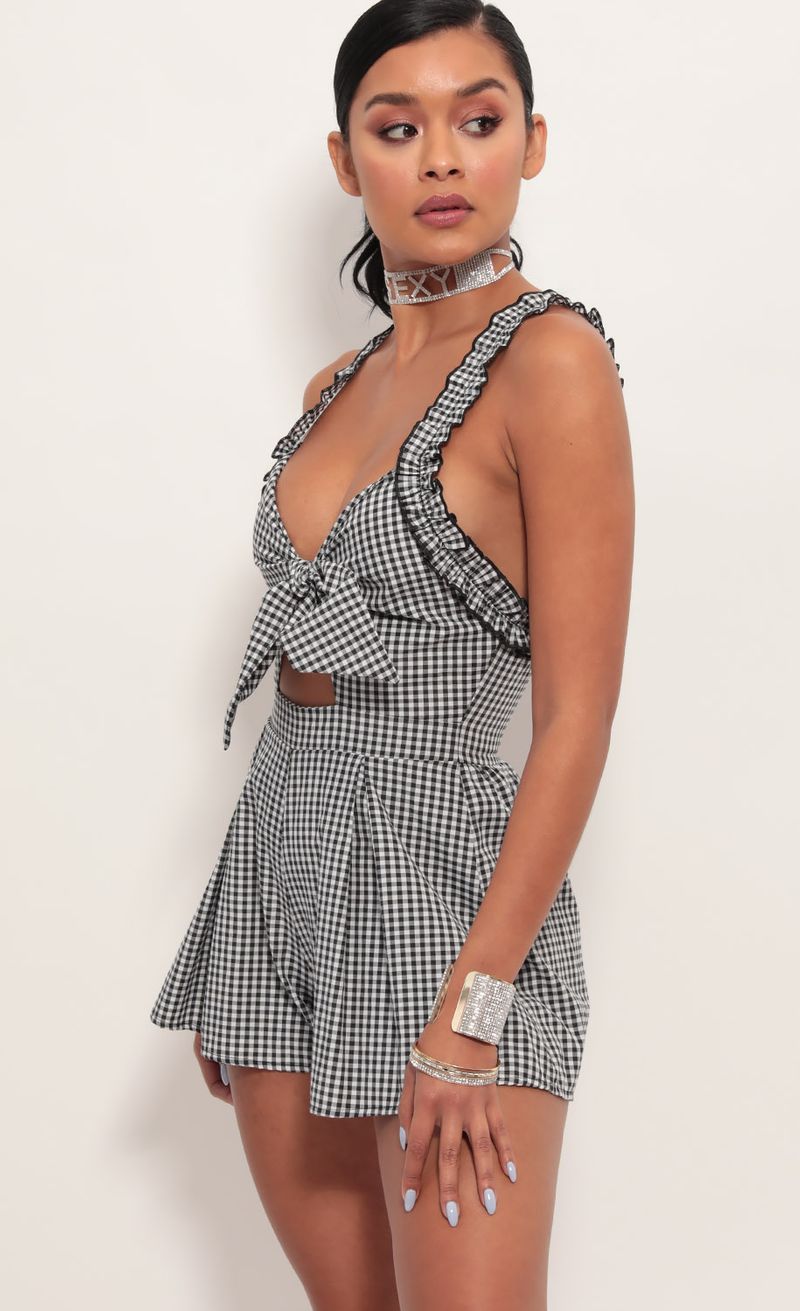 Picture Blair Front Tie Romper in Gingham. Source: https://media.lucyinthesky.com/data/Jun19_2/800xAUTO/781A7157.JPG