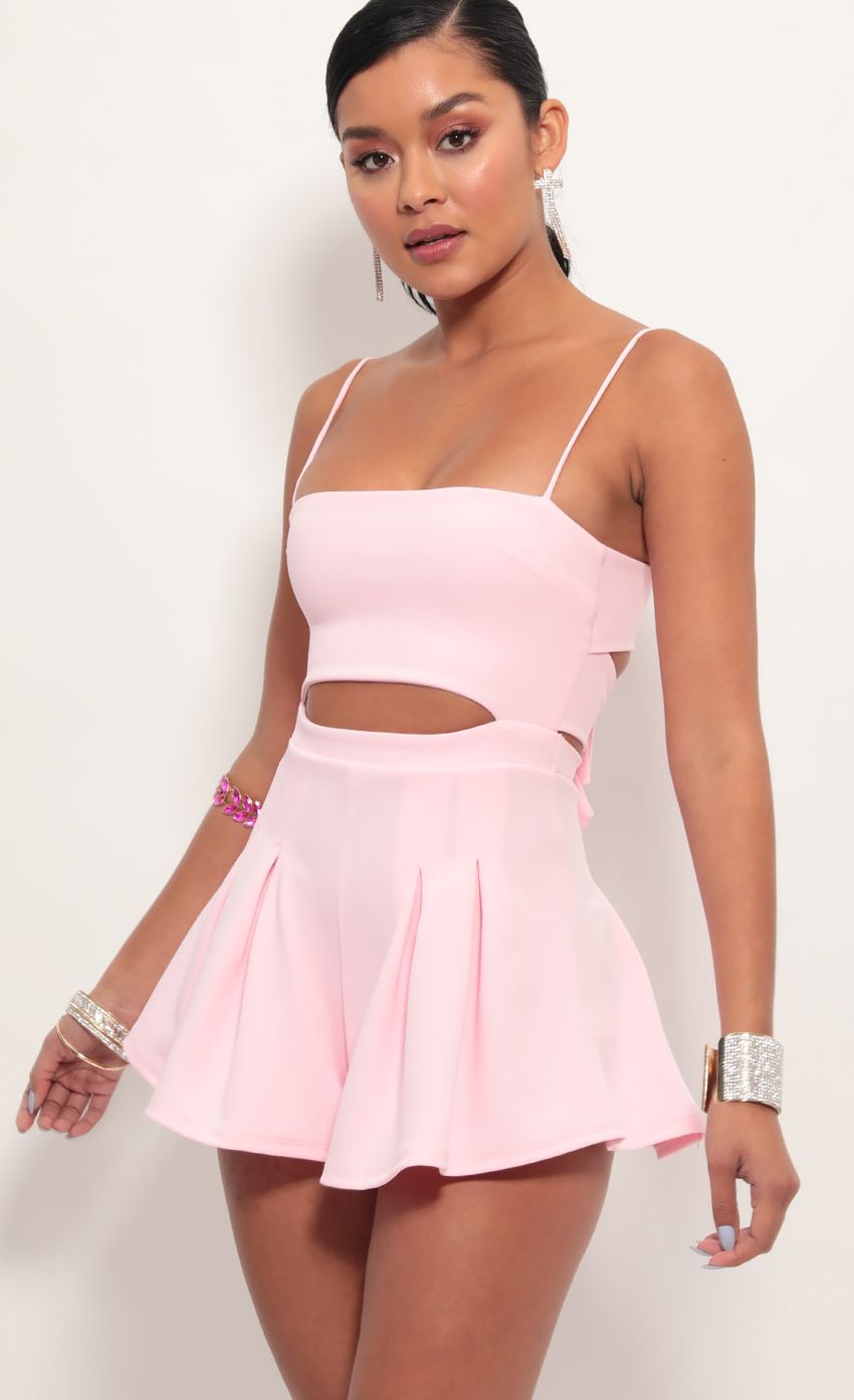 Picture Juliana Cutout Romper in Light Pink. Source: https://media.lucyinthesky.com/data/Jun19_2/850xAUTO/781A7919.JPG