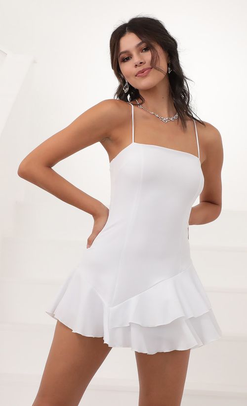 Picture Azura Asymmetrical Frill Dress in White. Source: https://media.lucyinthesky.com/data/Jun20_1/500xAUTO/781A3068.JPG